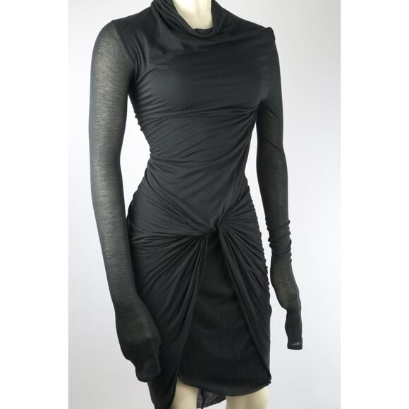 HELMUT LANG Dress Long Sleeve Black Draped Mini Stretch Size S - Picture 1 of 16